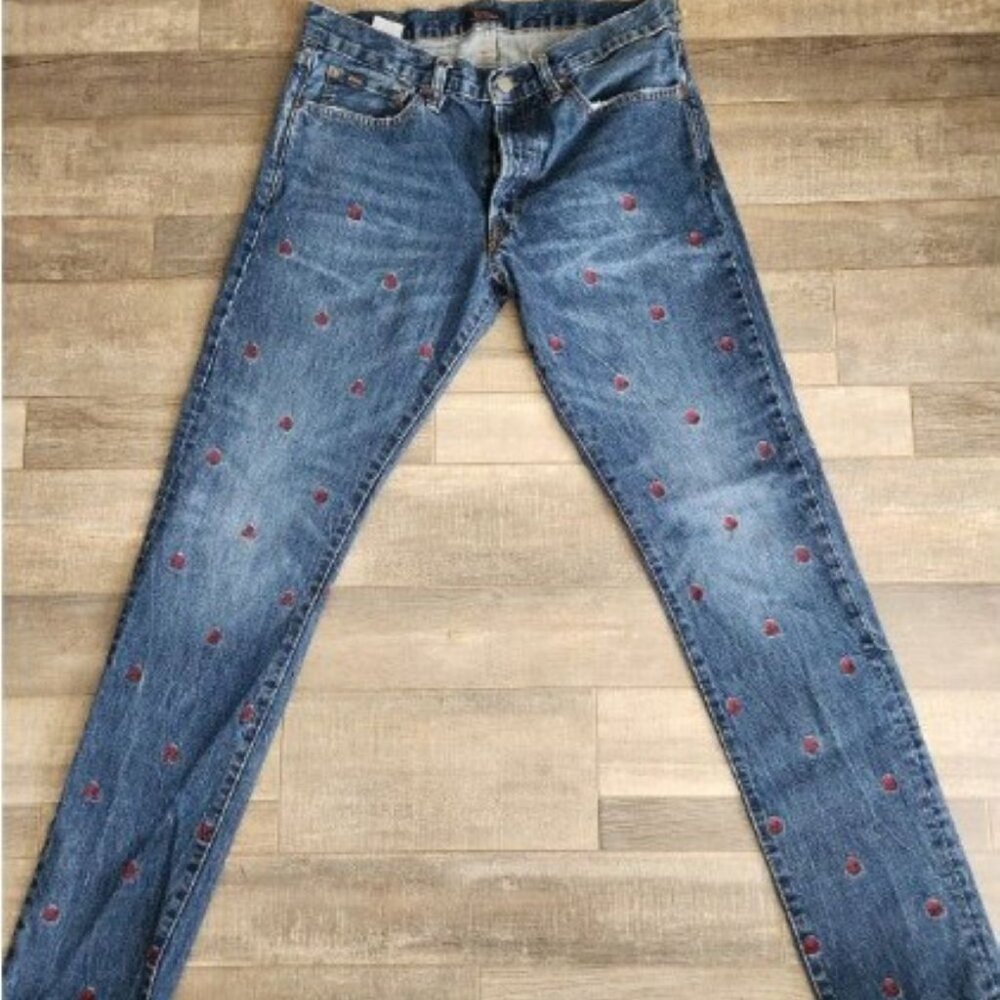 Polo Ralph Lauren Jeans Mens 34x33.5 ACTUAL Sullivan Slim AOP Skull & Crossbone
